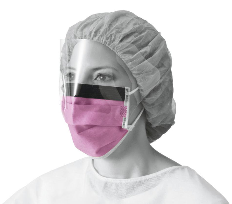 FACE MASK WITH SHIELD EARLOOP 3PLY FLUID RESISTANT 160 LEVEL 3 WITH ANTI-FOG VISOR THIN FOAM STRIP PURPLE, BOX/25 EACH, 4 BOXES/CASE