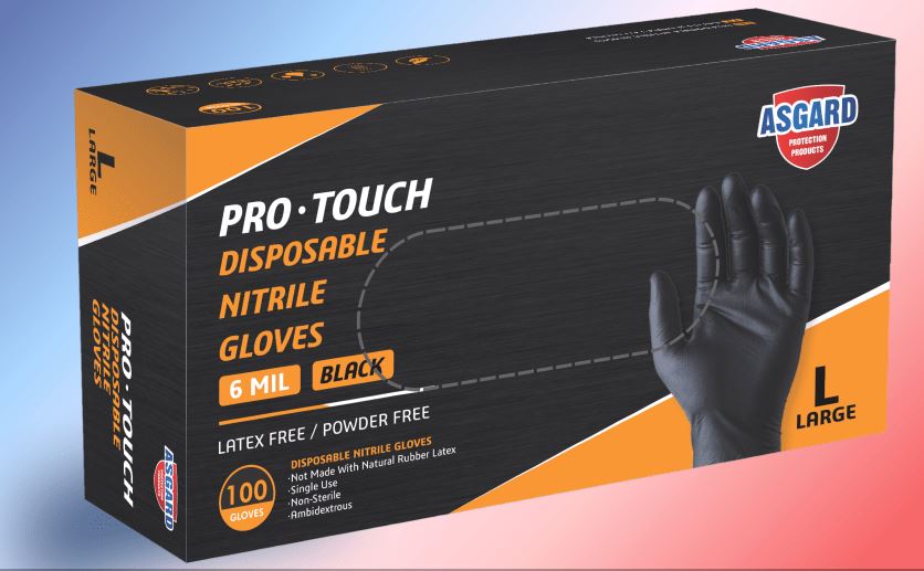 Asgard Pro Touch 6mil Black Disposable Nitrile Gloves, Powder Free, Latex Free, 100pcs/box, 10 Boxes/case