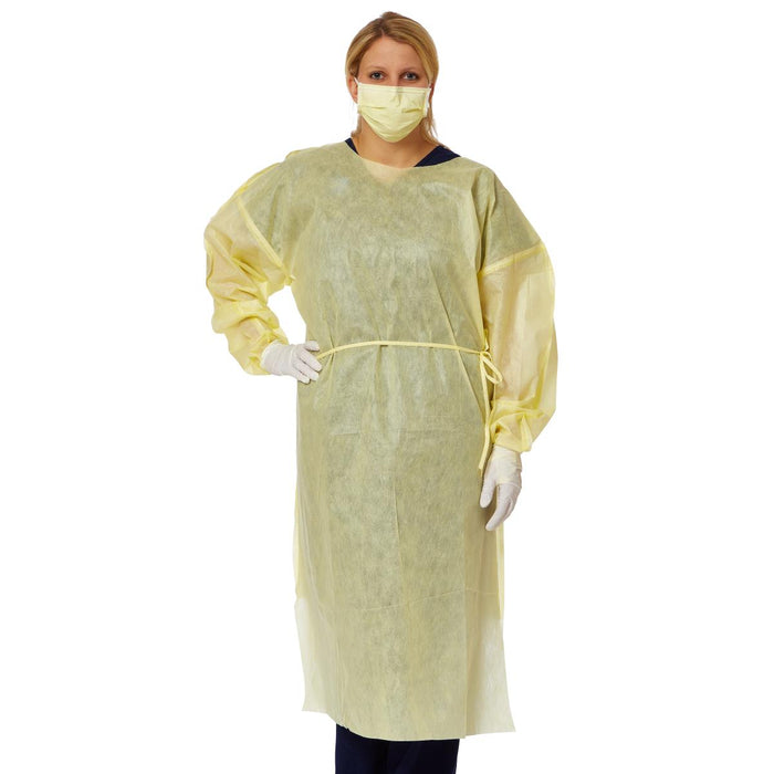 Isolation Gown Disposable AAMI Level 2 SMS Material with Thumb Loop Wrists and Side Ties Yellow (100 pieces/ case)