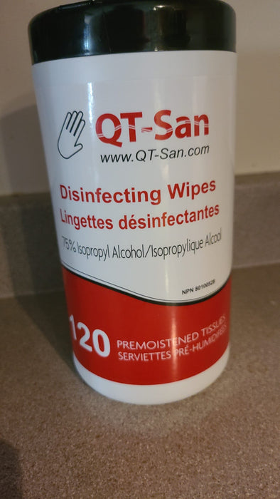 QT San 75% Alcohol Wipes, 120 wipes per canister, 12 canisters/case , Health Canada Authorization ID:80100528