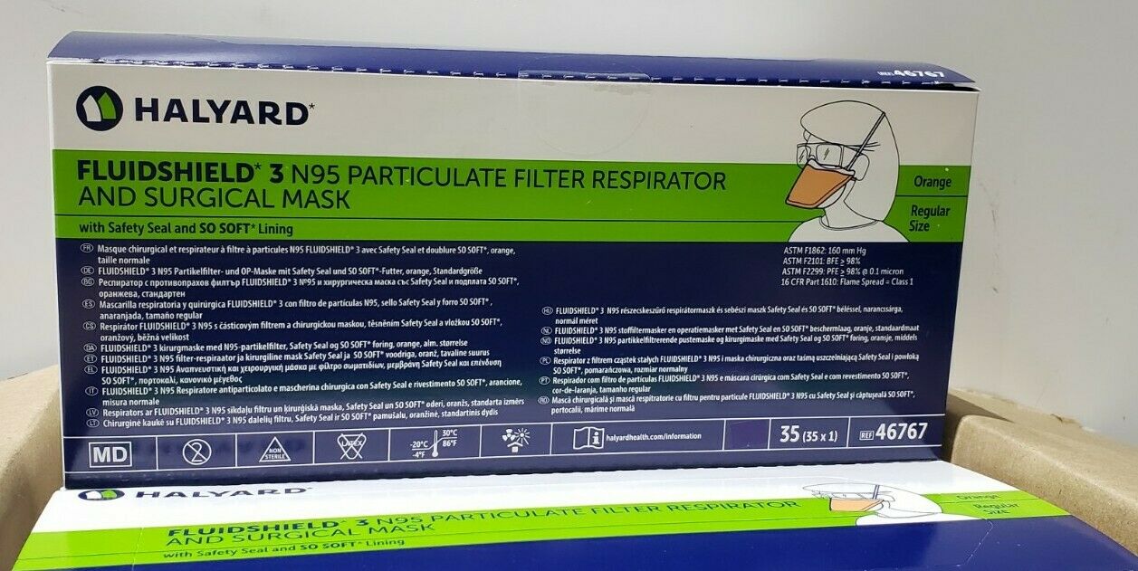 HALYARD FLUIDSHIELD 3 N95 Particulate Filter Respirator And Surgical Mask, 46767 (Box Of 35)